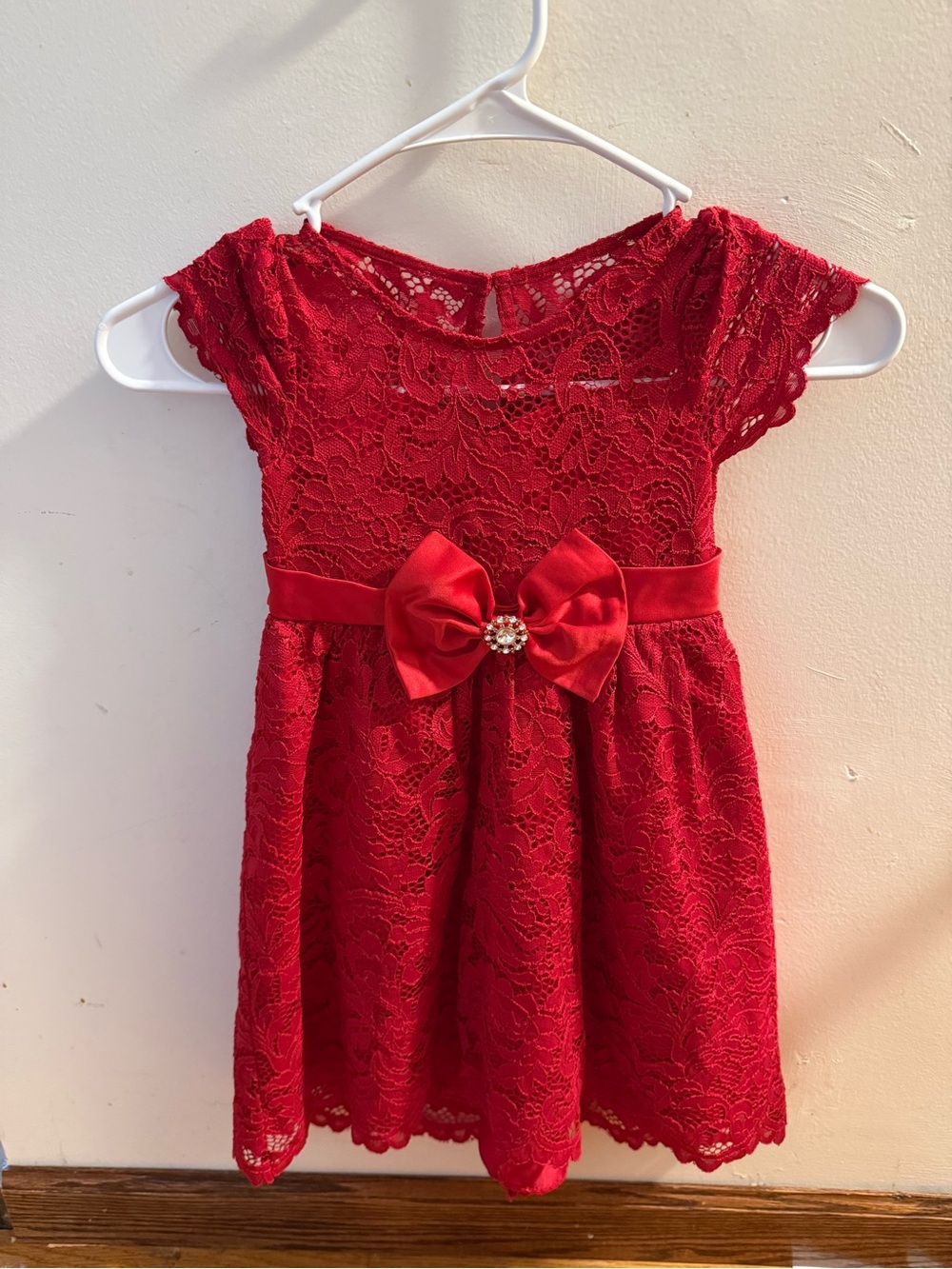 Rare Editions Red Lace Dress with Bow and Jewel